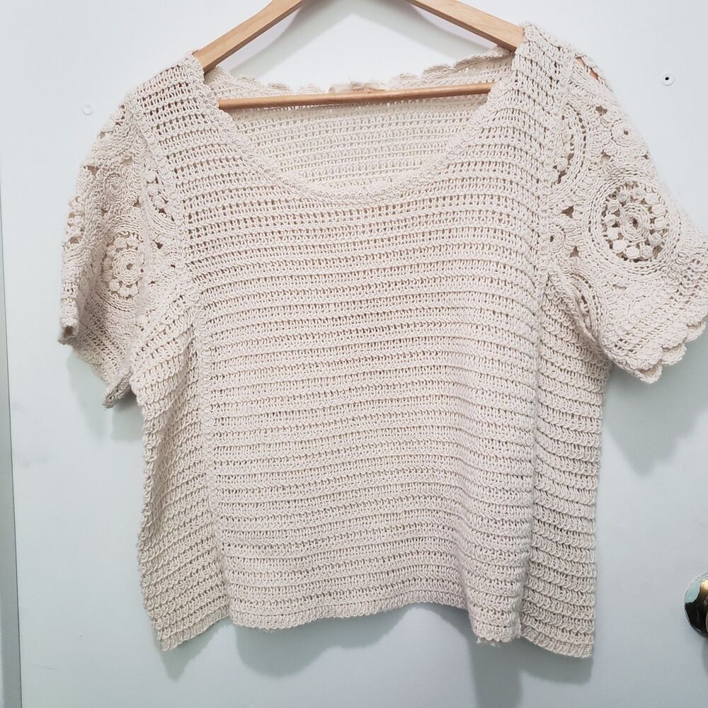 Solitaire Cream Crochet Short Sleeve Top Size XL Boho Coastal Cottage